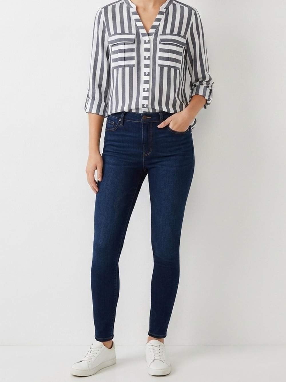 a.n.a Navy and White Striped Button-Up Shirt
